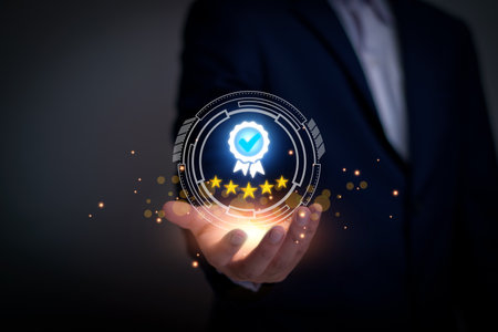 Quality Assurance Concept. Business people show high quality assurance mark, good service, premium, digital signature, premium service assurance, excellence service, high quality, excellence guaranteeの写真素材