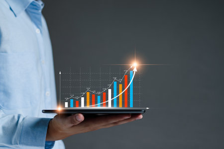 Businessman analysis profitability of working companies with digital augmented reality graphics, positive indicators in 2023, businessman calculates financial data for long term investments.の写真素材