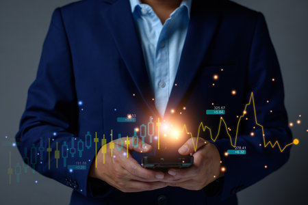 planning and strategy, Stock market, Business growth, progress or success concept. Hand of Businessman or trader touching showing a growing virtual hologram stock on smartphone, invest in trading.の写真素材