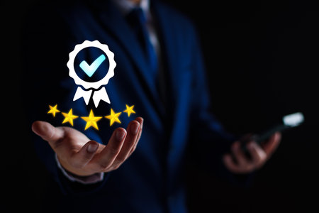Quality Assurance Concept. Business people show high quality assurance mark, good service, premium, digital signature, premium service assurance, excellence service, high quality, excellence guaranteeの写真素材