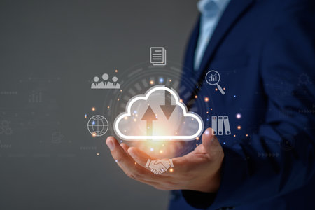Businessman using cloud technology connect business data. Cloud computing diagram show on hand....