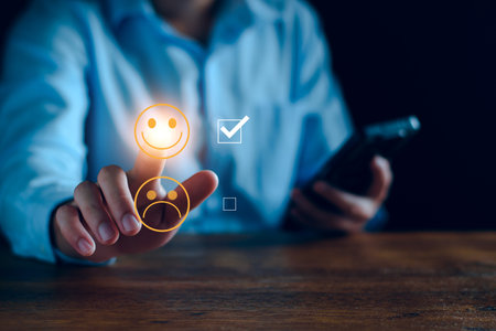 Customer service and Satisfaction ,business man giving Feedback satisfaction. five stars Positive Review. Client Satisfaction Surveys, good, five stars, best product and service. Excellence guarantee.の写真素材