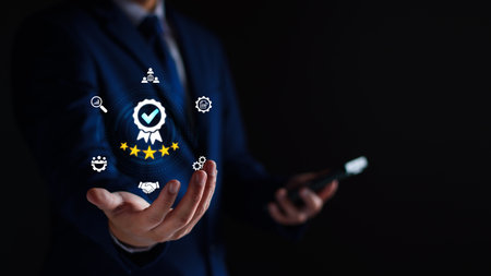 The concept of providing a five-star premium service. businessman showing award High standards are guaranteed, service quality, business success, work efficiency, top quality assurance 5 stars.の写真素材