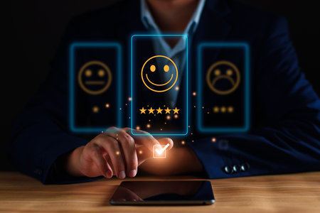 Customer service and Satisfaction ,business man giving Feedback satisfaction. Positive Review. Client Satisfaction Surveys, good, happy mood, smile, best product and service. Excellence guarantee.の写真素材