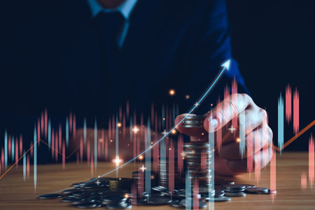 Fund trading concept. Businessman planning long-term investments, buying DCA mutual funds, analyzing economic trends, stock market volatility, taking high investment risks. Fund management, coins.の写真素材