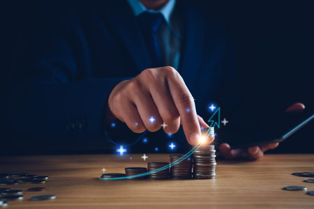 Fund trading concept. Businessman planning long-term investments, buying DCA mutual funds, analyzing economic trends, stock market volatility, taking high investment risks. Fund management, coins.の写真素材