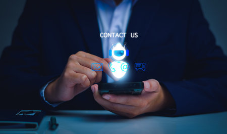 AI Contact us concept. Business man consulting customers who contact us, call center service, customer consulting service, email, hotline, business contact, AI Artificial Intelligence, digital serviceの写真素材