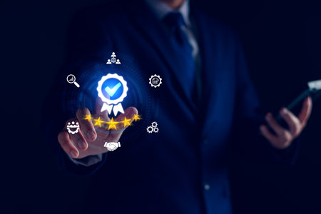 Quality Assurance Concept. Business people show high quality assurance mark, good service, premium, digital signature, premium service assurance, excellence service, high quality, excellence guaranteeの写真素材