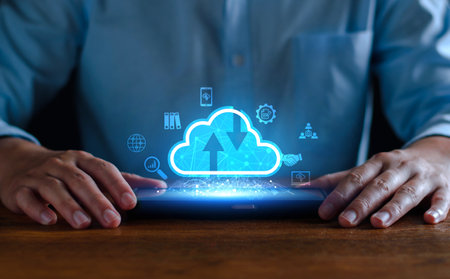 Businessman using cloud technology connect business data. Cloud computing concept idea show on hand....