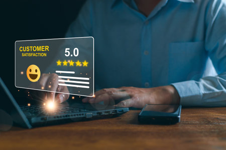 Customer service and Satisfaction ,business man giving Feedback satisfaction. five stars Positive Review. Client Satisfaction Surveys, good, five stars, best product and service. Excellence guarantee.の写真素材
