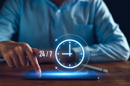 nonstop service concept. businessman show virtual 24-7 with clock for worldwide nonstop and...