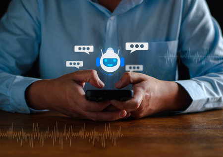 AI Chatbot intelligent digital business service application concept, computer mobile application uses artificial intelligence chatbots automatically respond online messages to help customers instantlyの写真素材