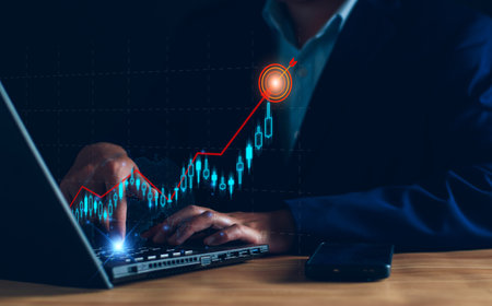 Business analysis, company profits. Businessman analyzing profit chart trends, making investment...