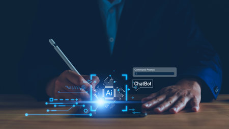 Chatbot concept. open AI, Artificial Intelligence. businessman using technology smart robot AI, enter command prompt, contact for business information analysis, Futuristic technology transformation.の写真素材
