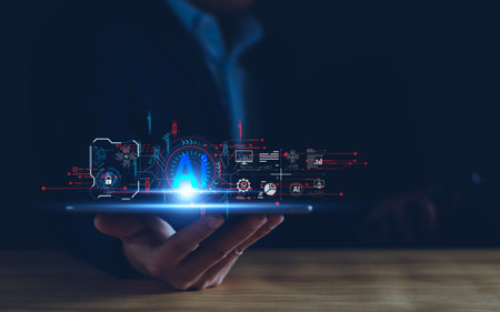Chatbot for business analysis concept. open AI, Artificial Intelligence. businessman using...