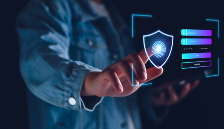 cyber security login. user privacy security and encryption, secure internet access Future technology and cybernetics, screen padlock, biotic login technology fingerprint scanning. privacy protectionの写真素材