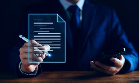 Electronic signature business concept. Business people are electronic signing investment approval, Sign an employment contract, business approved, executing plan, project approved. digital signature.の写真素材