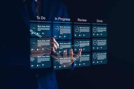 Agile software development or project management using kanban or scrum methodology boards on screen. Process, workflow, visual organisation tools and framework. Developer touching virtual interface.の写真素材