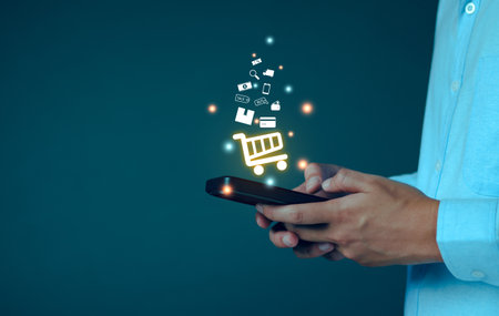 Online shopping and e-commerce business concept. Person using smartphone for online shopping, super sale, special offer, shopping cart, checkout, delivery, delivery, online payment, discount coupon.の写真素材