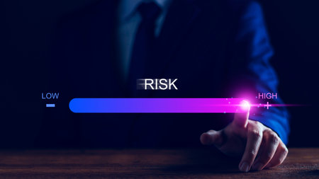 Risk management and chance to increase exposure for financial investment, projects, engineering, business. get maximum profit. Concept with manager's hand slide to high level. Fully open to risk.の写真素材