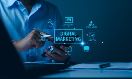Digital marketing internet advertising and sales increase business technology concept. Businessman access online marketing, business, E commerce, Business online, global marketing online network.の写真素材