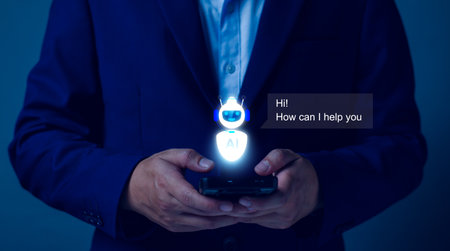 Chatbot concept. open AI, Artificial Intelligence. businessman using technology smart robot AI, enter command prompt, contact for business information analysis, Futuristic technology transformation.の写真素材