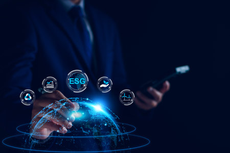 Environmental technology concept. sustainable ESG modernization development by using technology of renewable resources. ESG environment social governance investment business. ESG business strategy.の写真素材