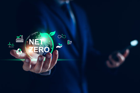 Net zero by 2050. Carbon neutral. Net zero greenhouse gas emissions target. climate neutral long term strategy. No toxic gases, implementing carbon capture and storage technologies. sustainable futureの写真素材
