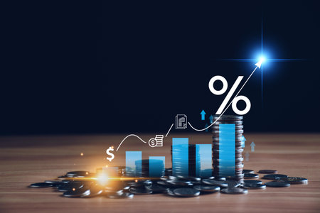 Interest rate and dividend concept. Businessman with percentage symbol and up arrow, Interest rates continue to increase, return on stocks and mutual funds, long term investment for retirement.の写真素材