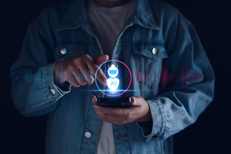 AI voice command concept. AI, Artificial Intelligence. man using technology smart robot chat AI, enter command prompt, Questions and Answers, search data, Futuristic technology transformation.の写真素材