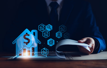 real estate investment concept, Real estate online on virtual screens. home search, land price, property tax, real estate market, buy house, location, energy efficiency rating and property valueの写真素材
