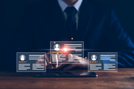 Human Resources. Manager looking candidate profile, effective management and recruitment of HR, effective organizational structure, training, employment, practice. Internet Human resource management.の写真素材