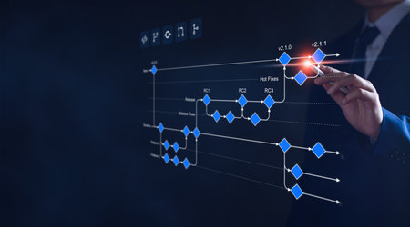 Software development flowchart diagram showing branching, merging, pull request, commit, master, development, and release version process workflow. for business. Distributed version control. Git flow.の写真素材