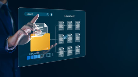 Document management and network system concept. Businessman use smart tablet loading documents in online archives ,Document management Storage and technology on digital document paperless operation.の写真素材