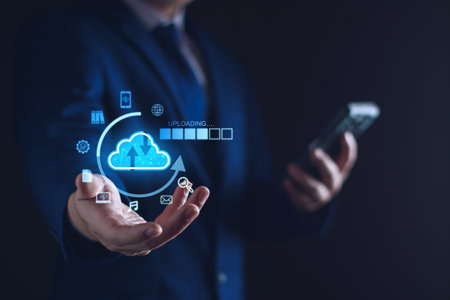 Cloud computing diagram show on virtual screen. Cloud syncing technology. Data storage. Network...