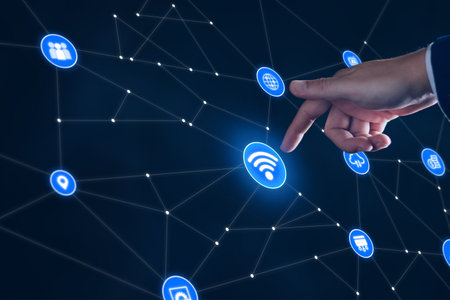 Smart business IOT, internet of things concept. Businessman touching IOT icon on virtual screen, connected internet network to access AI intelligence, business analytics, internet investing.の写真素材