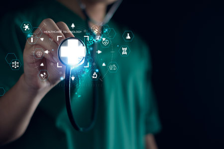 Medicine doctors diagnosis and  take note electronic medical record. DNA. Digital healthcare and network connection on hologram modern virtual interface, medical technology and futuristic concept.の写真素材