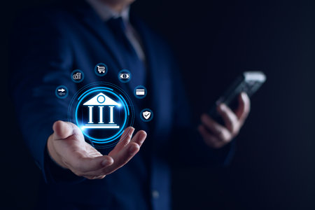 Digital online payment concept. Business people using mobile smart phone, online payment, banking, online shopping. Technology online banking applications via internet network. financial transaction.の写真素材