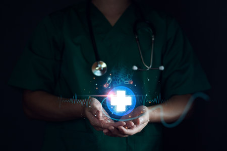 Medicine doctor touching medical global network, Computing electronic medical record. DNA. Digital healthcare and network connection on virtual interface, medical technology and innovation conceptの写真素材