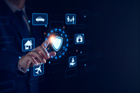 Insurance concepts. Businessman hand clicks icons to car, travel, family and life, financial,...