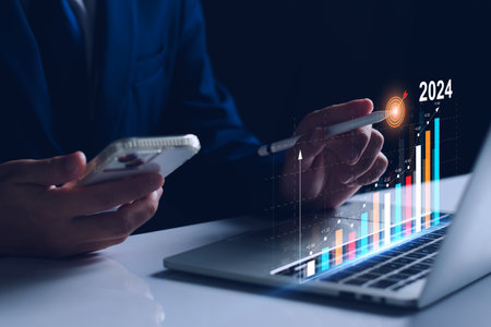 Interest rate and dividend concept. Businessman with percentage symbol and up arrow, Interest rates continue to increase, return on stocks and mutual funds, long term investment for retirement.の写真素材