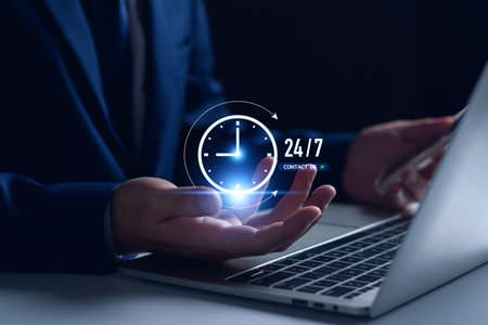 Contact us concept. Business man consulting customers who contact us, call center service, customer consulting service, email, hotline, business contact, digital online business, digital service.の写真素材