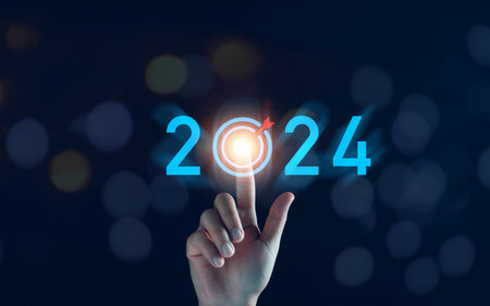 2024 new year goal concept. Hand touch goal icon, target 2023 to 2024 for preparation happy new year, start new year. Planning,opportunity, challenge, business strategy. New goal for Next Year 2024.の写真素材