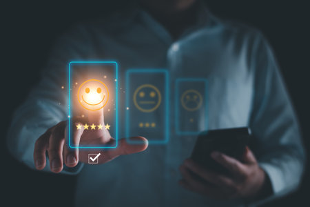 Customer survey satisfaction and customer opinion review concept. Customer rate satisfaction 5 stars, happy experience feedback, satisfaction survey, poll, excellent quality service guarantee.の写真素材