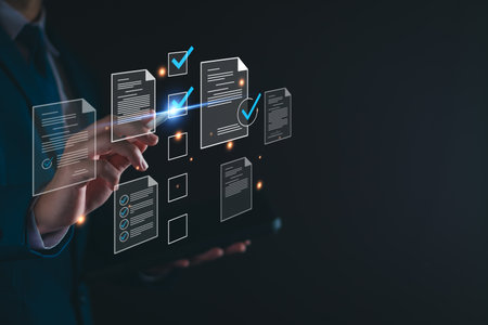Document management concept, Businessman check electronic documents, survey filling out. digital form checklist on virtual screen Document Management System and Business performance monitoring.の写真素材