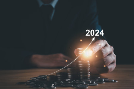 Business growth 2024 concept. Businessman analyze new year trend of future business technology,...