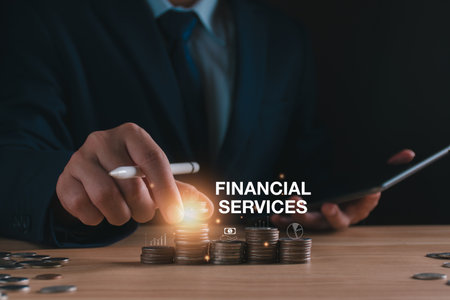 Financial services concept. Advisor holding virtual cloud technology financial services support online system. Advisor giving financial management advice, investment, business analysis, online consultの写真素材