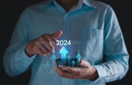 2024 new year goal concept. Hand touch goal icon, target 2023 to 2024 for preparation happy new year, start new year. Planning, opportunity, challenge, business strategy. New goal for Next Year 2024.の写真素材