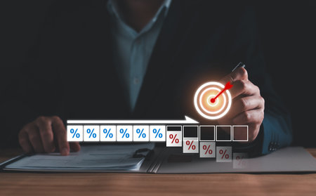 Interest rate increase concept. Businessman show percentage and up arrow investment, Interest rate increase, business hike growth, stocks, mutual fund, high exchange rate. Long term investmentの写真素材