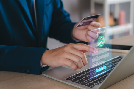 Credit card and digital online payment concept. Businessman use credit card online payment, digital bank account, technology online banking app, finance transaction. Payment success. Internet commerceの写真素材